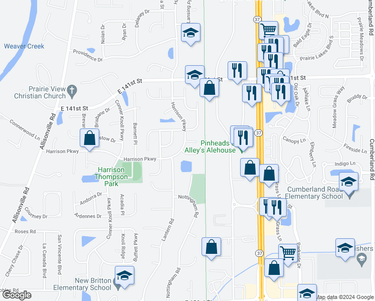 map of restaurants, bars, coffee shops, grocery stores, and more near 8928 Waterton Place in Fishers