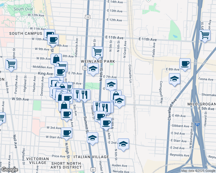map of restaurants, bars, coffee shops, grocery stores, and more near 1253 North 5th Street in Columbus