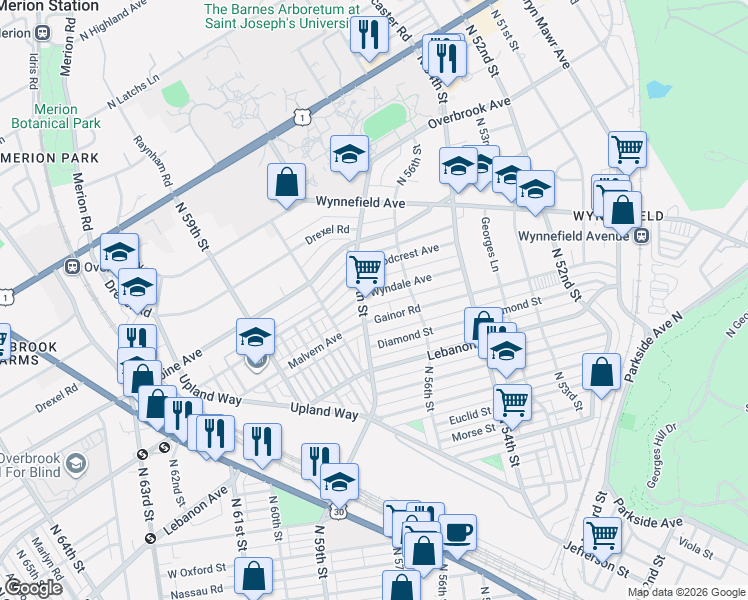 map of restaurants, bars, coffee shops, grocery stores, and more near 5640 Wyndale Avenue in Philadelphia