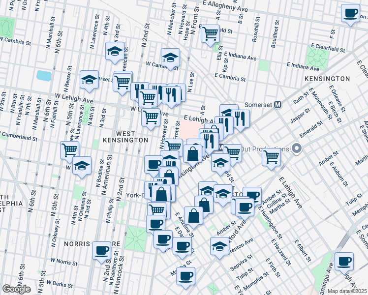 map of restaurants, bars, coffee shops, grocery stores, and more near 2553 North Lee Street in Philadelphia