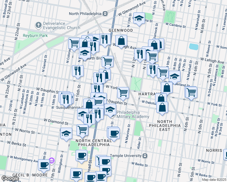 map of restaurants, bars, coffee shops, grocery stores, and more near 2345 North Park Avenue in Philadelphia