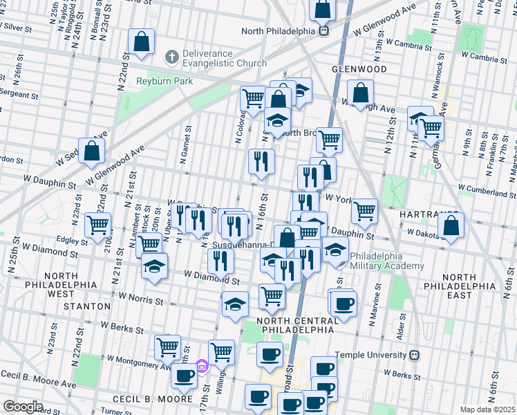 map of restaurants, bars, coffee shops, grocery stores, and more near 1543 West Dauphin Street in Philadelphia