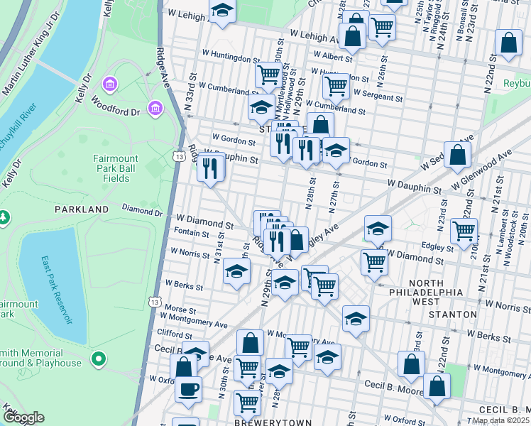map of restaurants, bars, coffee shops, grocery stores, and more near 2929 Westmont Street in Philadelphia