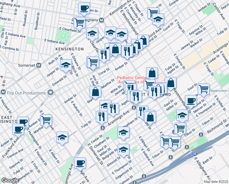 map of restaurants, bars, coffee shops, grocery stores, and more near 3056 Janney Street in Philadelphia