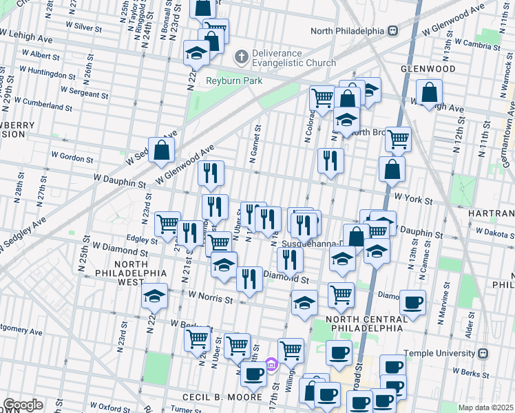 map of restaurants, bars, coffee shops, grocery stores, and more near 2267 North 19th Street in Philadelphia