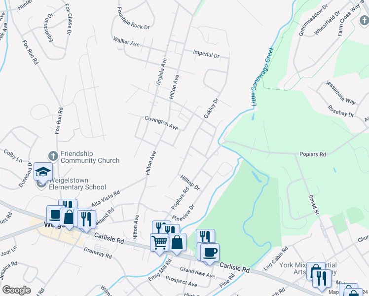 map of restaurants, bars, coffee shops, grocery stores, and more near 1901 Oakley Drive in York