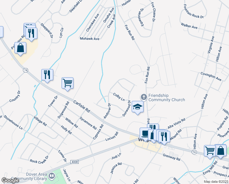 map of restaurants, bars, coffee shops, grocery stores, and more near 3365 Colby Lane in Dover