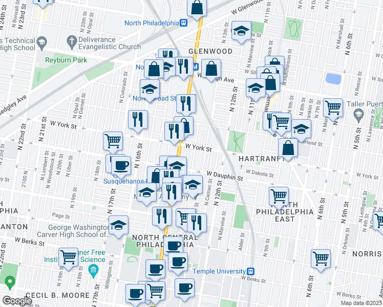 map of restaurants, bars, coffee shops, grocery stores, and more near 2342 North Park Avenue in Philadelphia