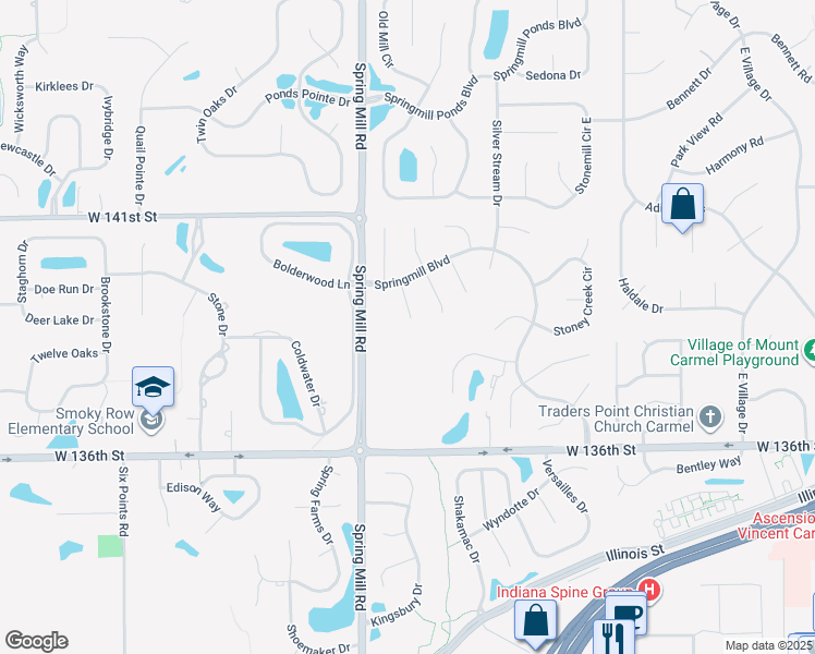 map of restaurants, bars, coffee shops, grocery stores, and more near 13747 Smokey Hollow Court in Carmel