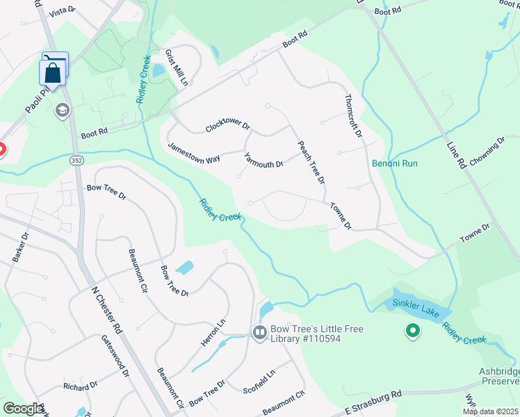 map of restaurants, bars, coffee shops, grocery stores, and more near 1705 Towne Drive in West Chester