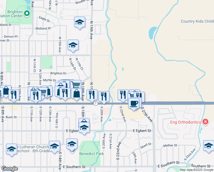 map of restaurants, bars, coffee shops, grocery stores, and more near 200 N 19th Ave in Brighton