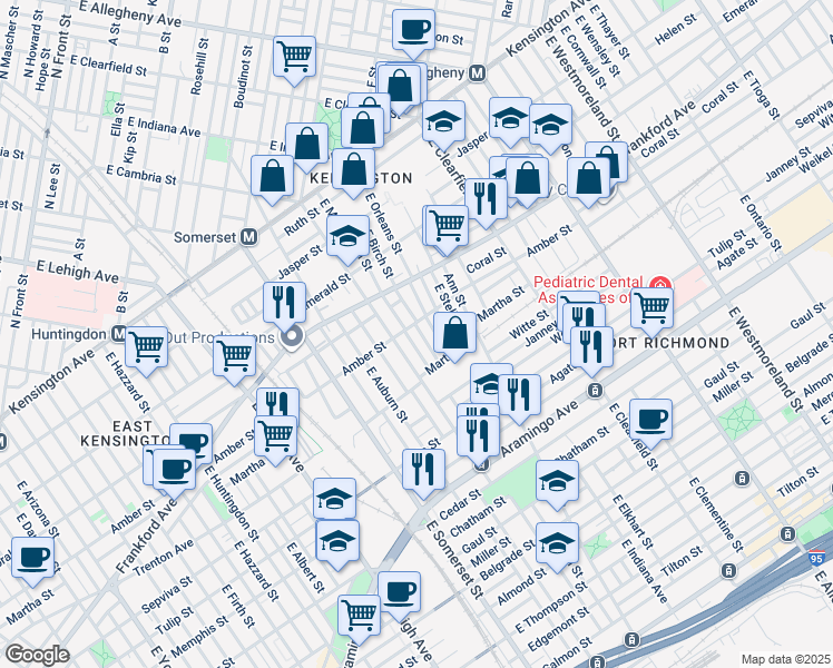 map of restaurants, bars, coffee shops, grocery stores, and more near 2110 East Birch Street in Philadelphia