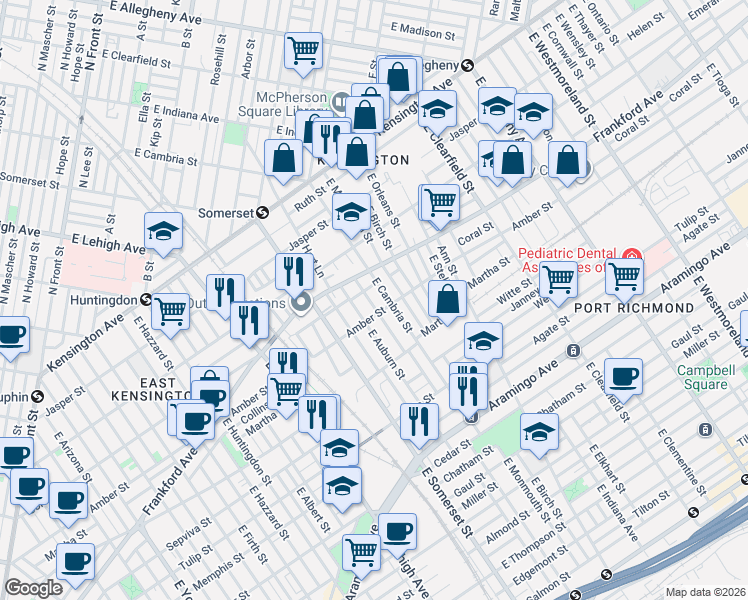map of restaurants, bars, coffee shops, grocery stores, and more near 2100 East Cambria Street in Philadelphia