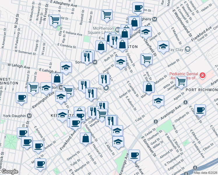 map of restaurants, bars, coffee shops, grocery stores, and more near 2026 East Somerset Street in Philadelphia