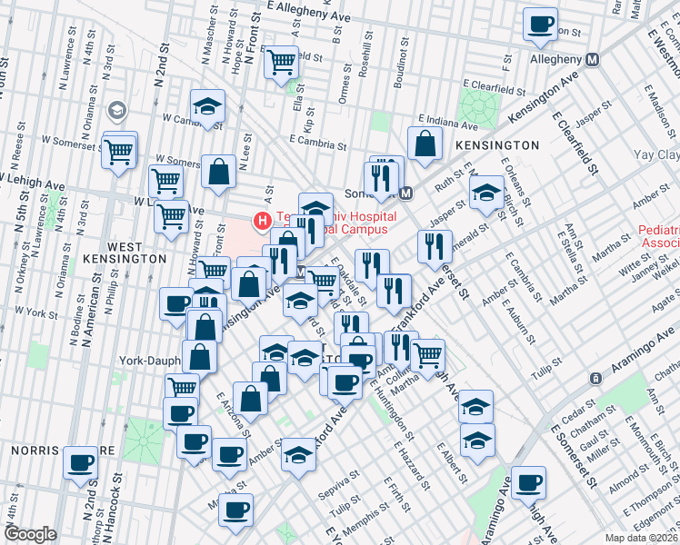 map of restaurants, bars, coffee shops, grocery stores, and more near 1836 East Albert Street in Philadelphia