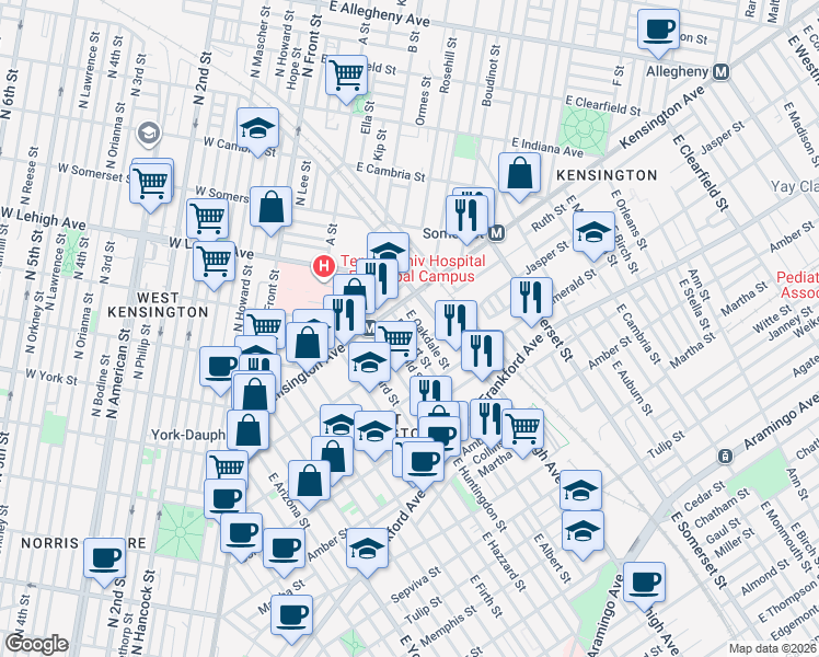 map of restaurants, bars, coffee shops, grocery stores, and more near 1836 East Albert Street in Philadelphia