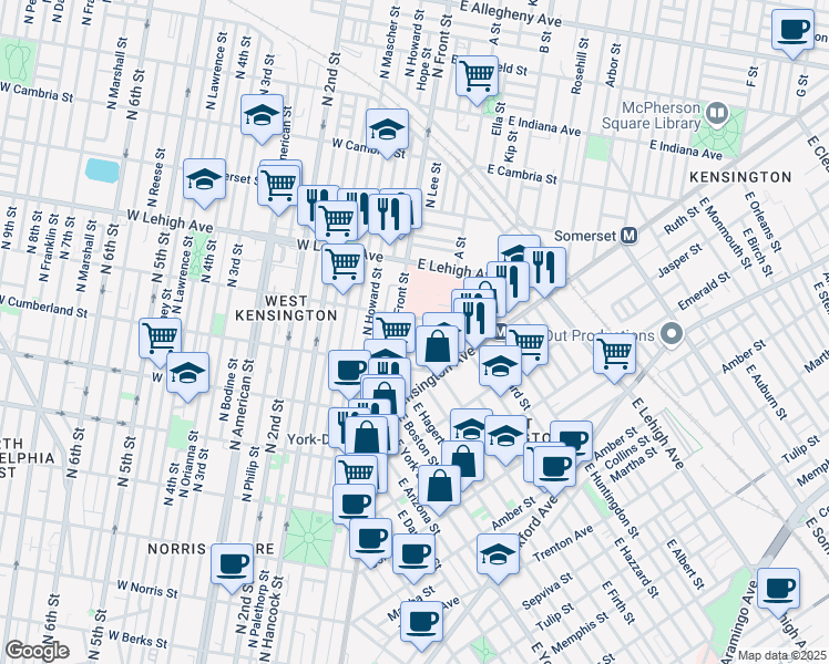 map of restaurants, bars, coffee shops, grocery stores, and more near 2535 North Lee Street in Philadelphia