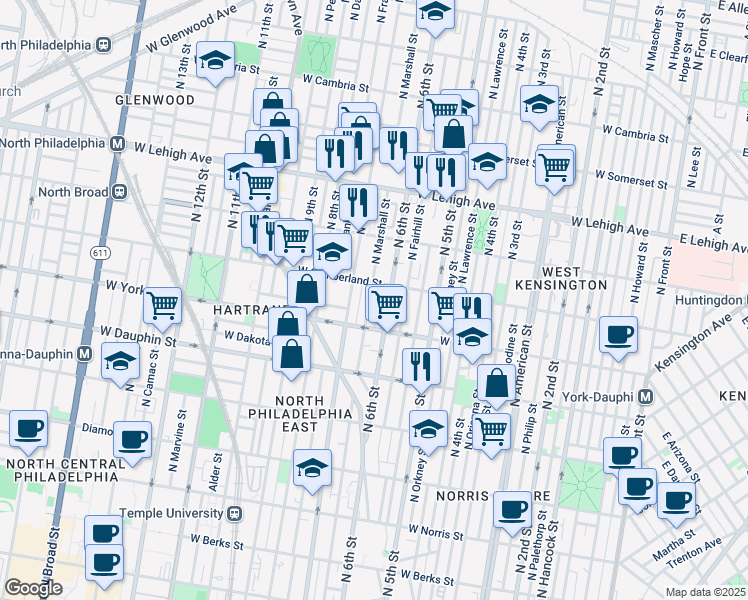 map of restaurants, bars, coffee shops, grocery stores, and more near 2422 North Marshall Street in Philadelphia