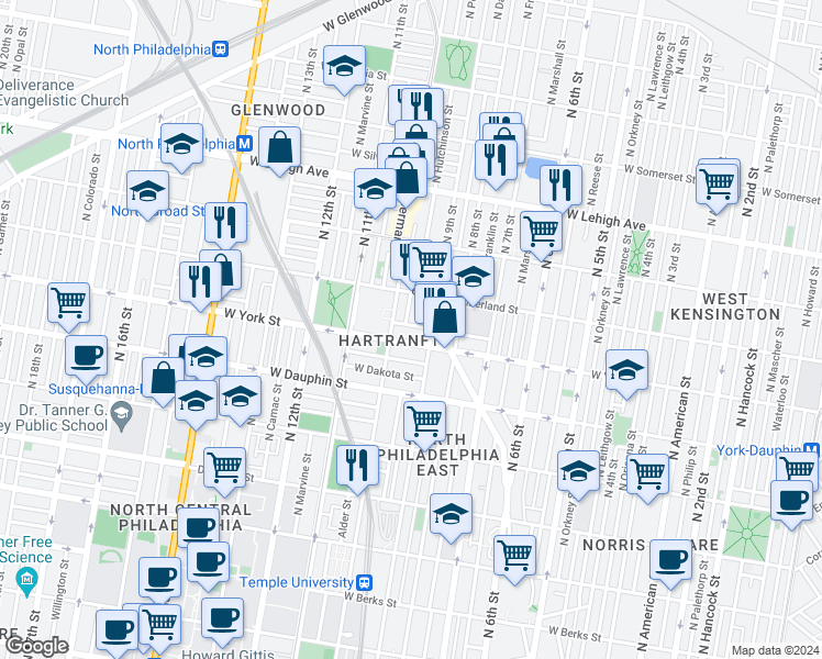 map of restaurants, bars, coffee shops, grocery stores, and more near 2353 North 10th Street in Philadelphia