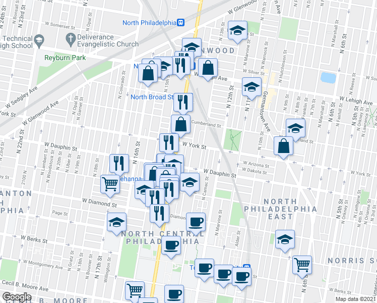 map of restaurants, bars, coffee shops, grocery stores, and more near in Philadelphia
