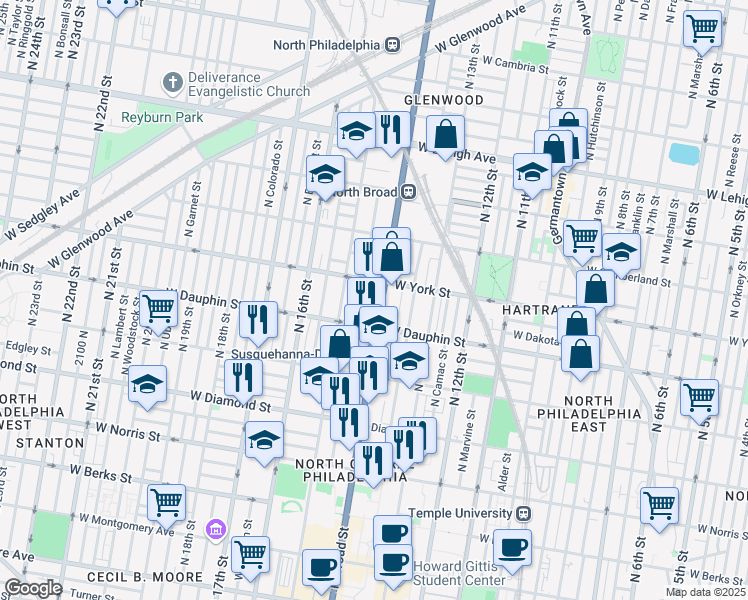 map of restaurants, bars, coffee shops, grocery stores, and more near 2320 North Broad Street in Philadelphia