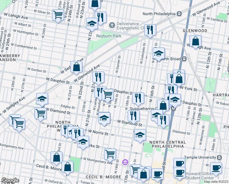 map of restaurants, bars, coffee shops, grocery stores, and more near 2226A North Uber Street in Philadelphia