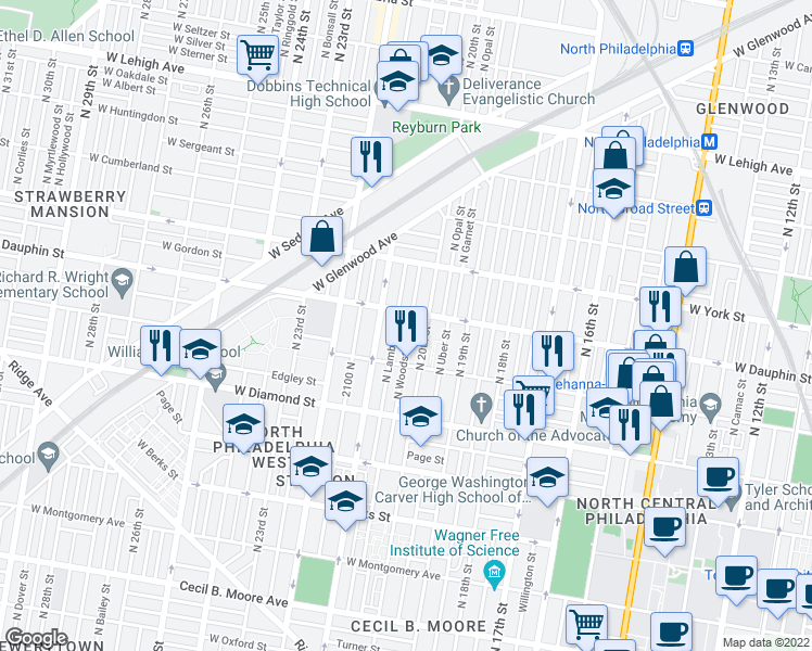 map of restaurants, bars, coffee shops, grocery stores, and more near 2236 North Woodstock Street in Philadelphia