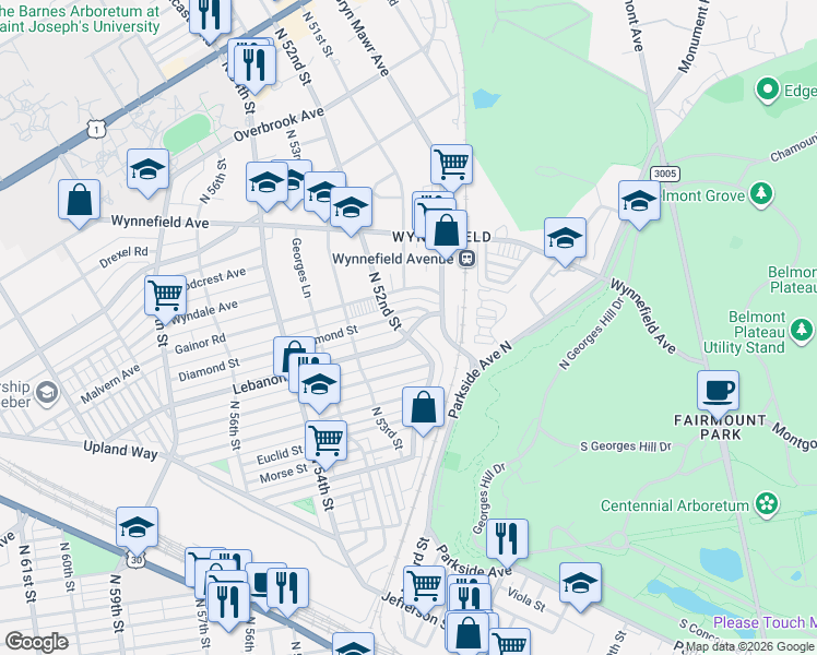 map of restaurants, bars, coffee shops, grocery stores, and more near 5203 Lebanon Avenue in Philadelphia