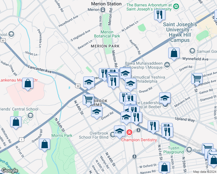 map of restaurants, bars, coffee shops, grocery stores, and more near 6301 Overbrook Avenue in Philadelphia