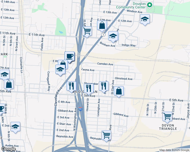 map of restaurants, bars, coffee shops, grocery stores, and more near 1161 Walters Street in Columbus