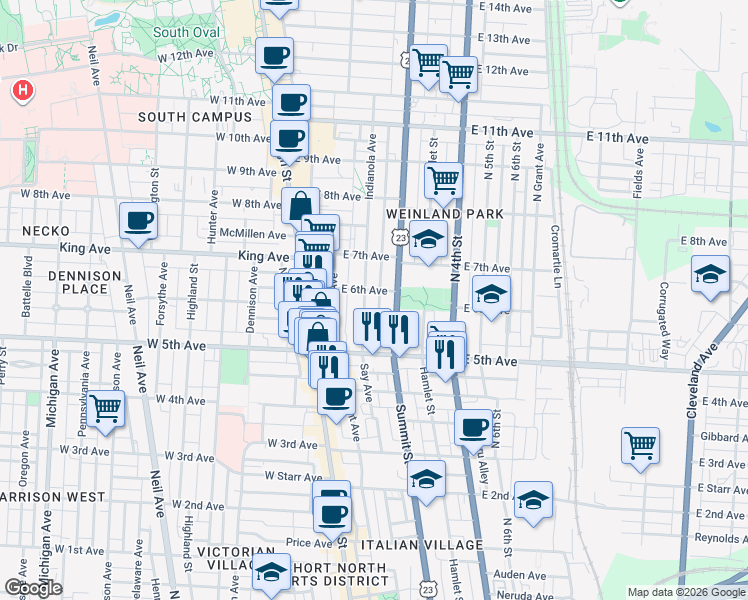 map of restaurants, bars, coffee shops, grocery stores, and more near 1271 Summit Street in Columbus