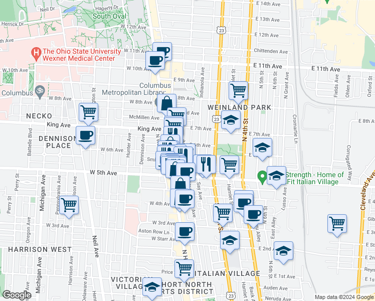 map of restaurants, bars, coffee shops, grocery stores, and more near 1265 Indianola Avenue in Columbus
