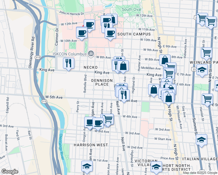 map of restaurants, bars, coffee shops, grocery stores, and more near 318 West 6th Avenue in Columbus