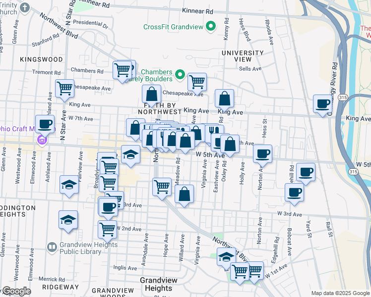map of restaurants, bars, coffee shops, grocery stores, and more near 1230 West 5th Avenue in Columbus