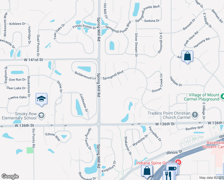 map of restaurants, bars, coffee shops, grocery stores, and more near 13747 Smokey Hollow Court in Carmel
