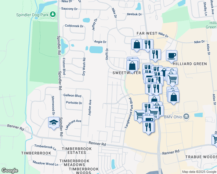 map of restaurants, bars, coffee shops, grocery stores, and more near 1853 Ridgebury Drive in Columbus