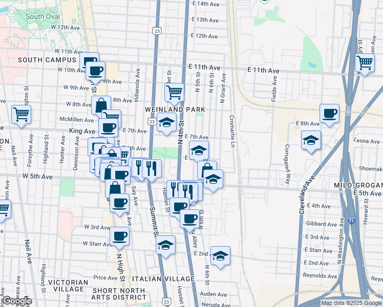 map of restaurants, bars, coffee shops, grocery stores, and more near 1253 North 5th Street in Columbus