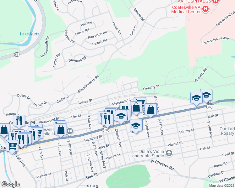 map of restaurants, bars, coffee shops, grocery stores, and more near 798 Coates Street in Coatesville