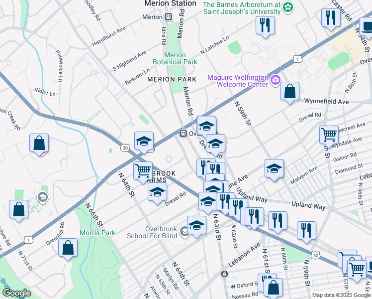 map of restaurants, bars, coffee shops, grocery stores, and more near 6301 Overbrook Avenue in Philadelphia