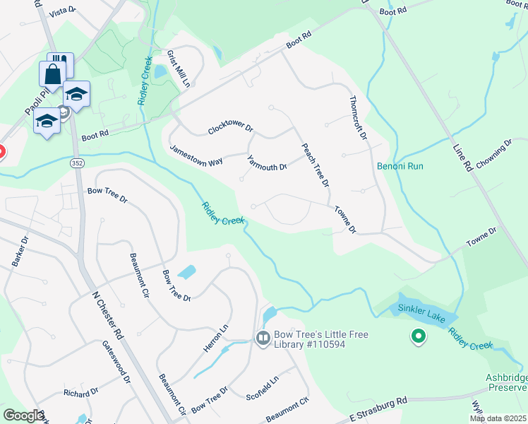 map of restaurants, bars, coffee shops, grocery stores, and more near 1705 Towne Drive in West Chester