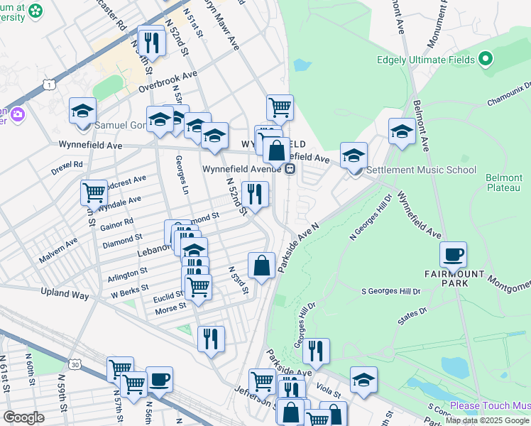 map of restaurants, bars, coffee shops, grocery stores, and more near 5100 Lebanon Avenue in Philadelphia