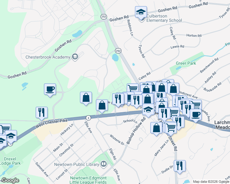 map of restaurants, bars, coffee shops, grocery stores, and more near Winding Way in Newtown Square