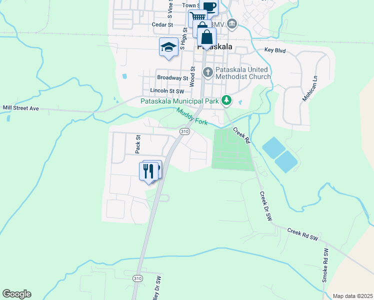 map of restaurants, bars, coffee shops, grocery stores, and more near 314 Foxtail Drive in Pataskala