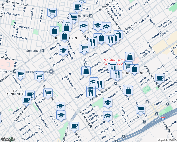 map of restaurants, bars, coffee shops, grocery stores, and more near 2153 East Stella Street in Philadelphia