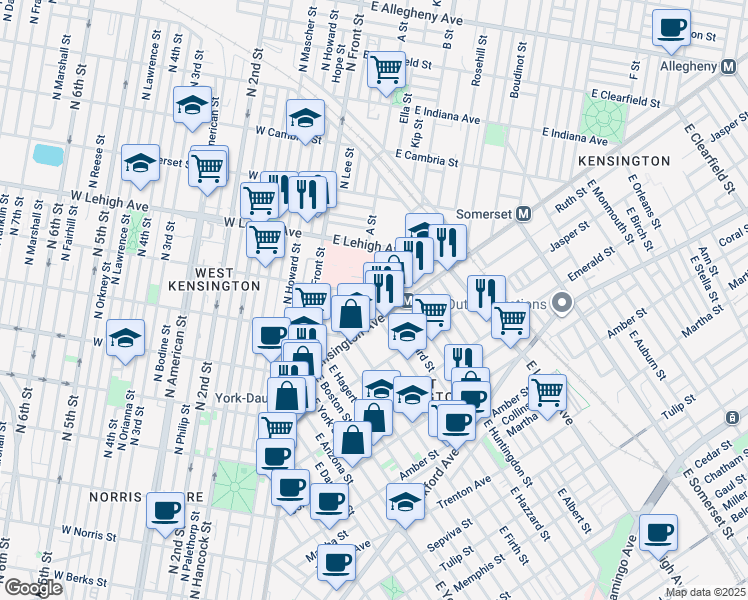 map of restaurants, bars, coffee shops, grocery stores, and more near 166 East Huntingdon Street in Philadelphia