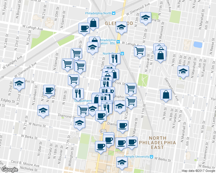 map of restaurants, bars, coffee shops, grocery stores, and more near 2334 North Broad Street in Philadelphia