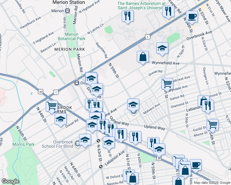 map of restaurants, bars, coffee shops, grocery stores, and more near 5930 Drexel Road in Philadelphia