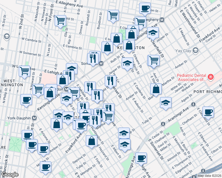 map of restaurants, bars, coffee shops, grocery stores, and more near 2014 East Silver Street in Philadelphia