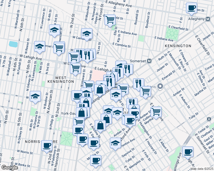 map of restaurants, bars, coffee shops, grocery stores, and more near 168 East Huntingdon Street in Philadelphia
