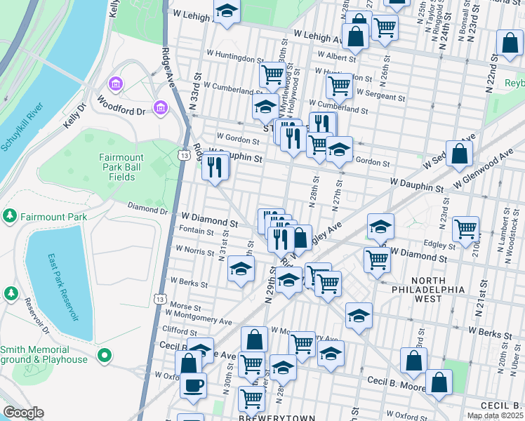 map of restaurants, bars, coffee shops, grocery stores, and more near 2938 Westmont Street in Philadelphia